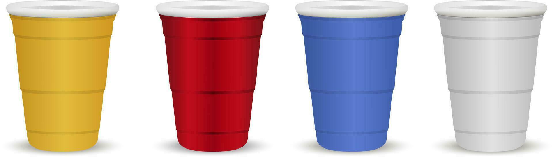 reeks van kleurrijk beschikbaar papier of plastic cups geïsoleerd Aan wit achtergrond. gemakkelijk naar verandering kleur realistisch 3d vector illustratie. rood, geel, blauw, grijs gekleurde drankje.