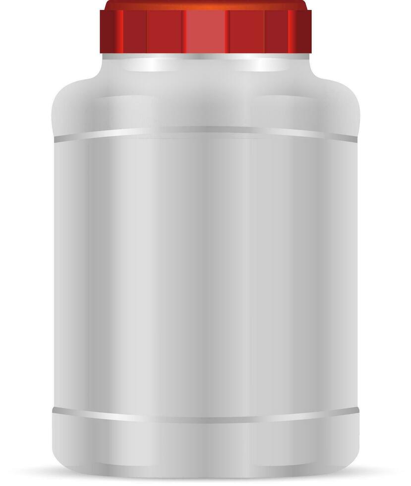 zilver eiwit poeder houder met rood deksel. sport voedsel flessen. vector mockup van eiwit sport voeding pot illustratie.