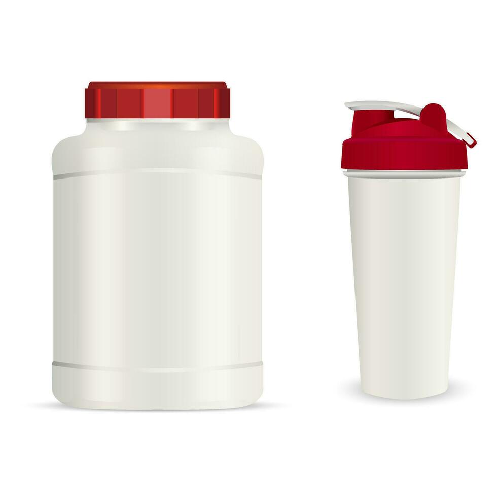 realistisch wit plastic kan, shaker en drinken flessen. vector reeks van sport voeding houder Sjablonen met rood petten geïsoleerd Aan wit achtergrond.