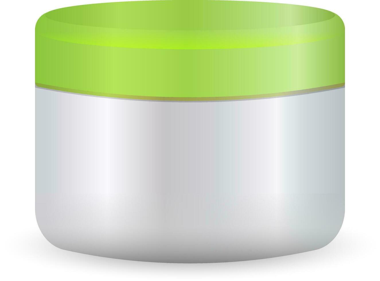 ronde wit plastic pot met groen deksel voor schoonheidsmiddelen - lichaam room, boter, schrobben, bad zout, gel, huid zorg, poeder. eps10. realistisch verpakking mockup sjabloon. vector