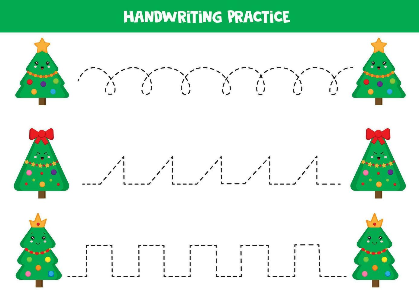 traceren lijnen voor kinderen. schattig tekenfilm Kerstmis bomen. handschrift oefening. vector