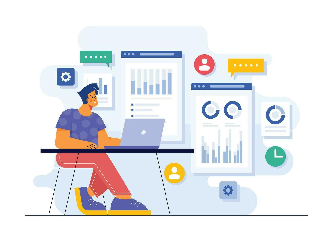 markt analyse, bedrijf plan, markt Onderzoek, bedrijf strategie, mannetje tekenfilm karakter aan het doen markt analyse vector