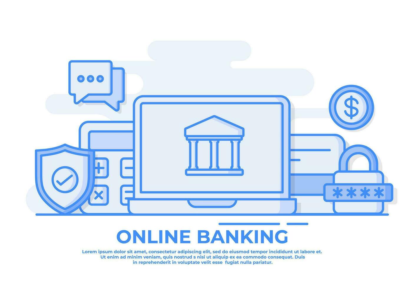 online bank vlak vector illustratie concept met laptop computer, credit kaart, rekenmachine voor landen bladzijde, web banier, mobiel sollicitatie, bedrijf inhoud strategie, web ontwerp,
