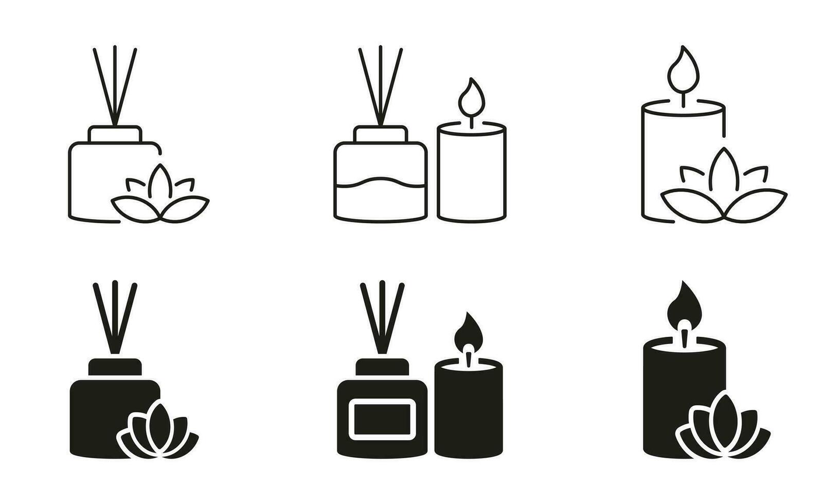 huis decoratie silhouet en lijn pictogrammen set. spa aroma kaarsen pictogram. parfum stok en geparfumeerd kaarsen zwart symbool verzameling. geur behandeling teken. geïsoleerd vector illustratie.