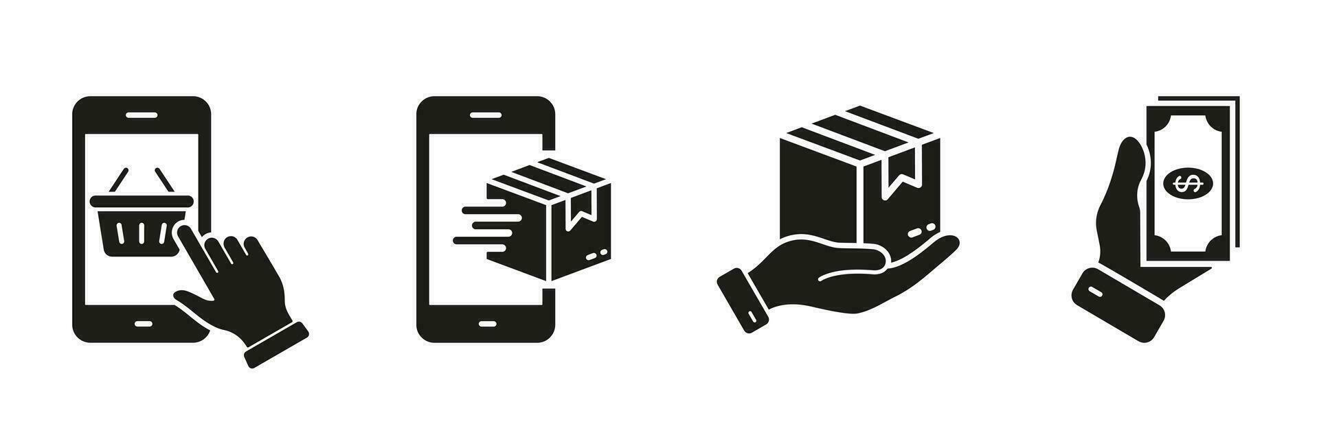 gebruik smartphone voor online boodschappen doen silhouet icoon set. Verzending betaling symbool verzameling. online op te slaan glyph pictogram. controleren levering in mobiel telefoon solide teken. geïsoleerd vector illustratie.