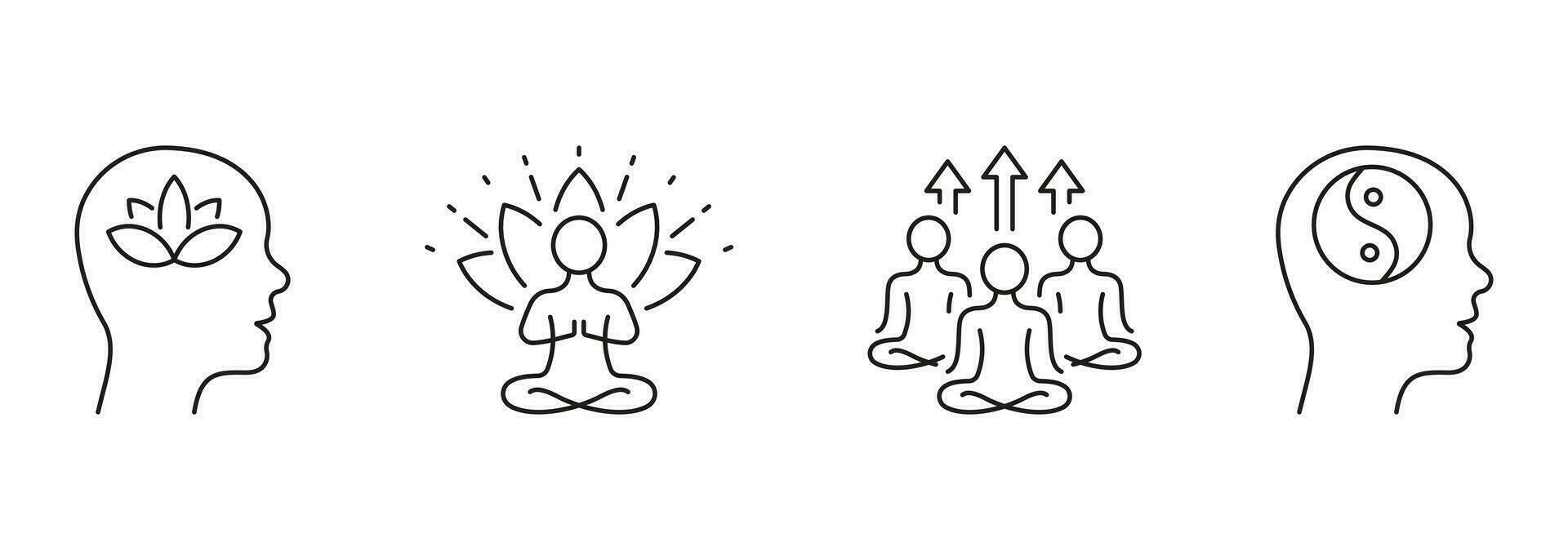 yoga en Gezondheid lijn icoon set. persoon mediteren in lotus positie lineair pictogram. welzijn en kalmte geest schets teken. yin yang symbool, zen houding. bewerkbare hartinfarct. geïsoleerd vector illustratie.