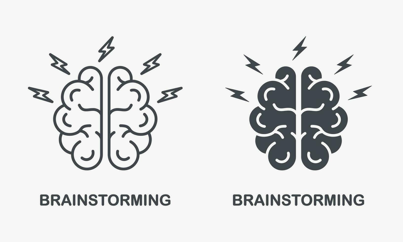 denken over creatief idee symbool verzameling. brainstorm silhouet en lijn icoon set. menselijk hersenen met bliksem, brainstorming concept pictogram. intellectueel werkwijze. geïsoleerd vector illustratie.