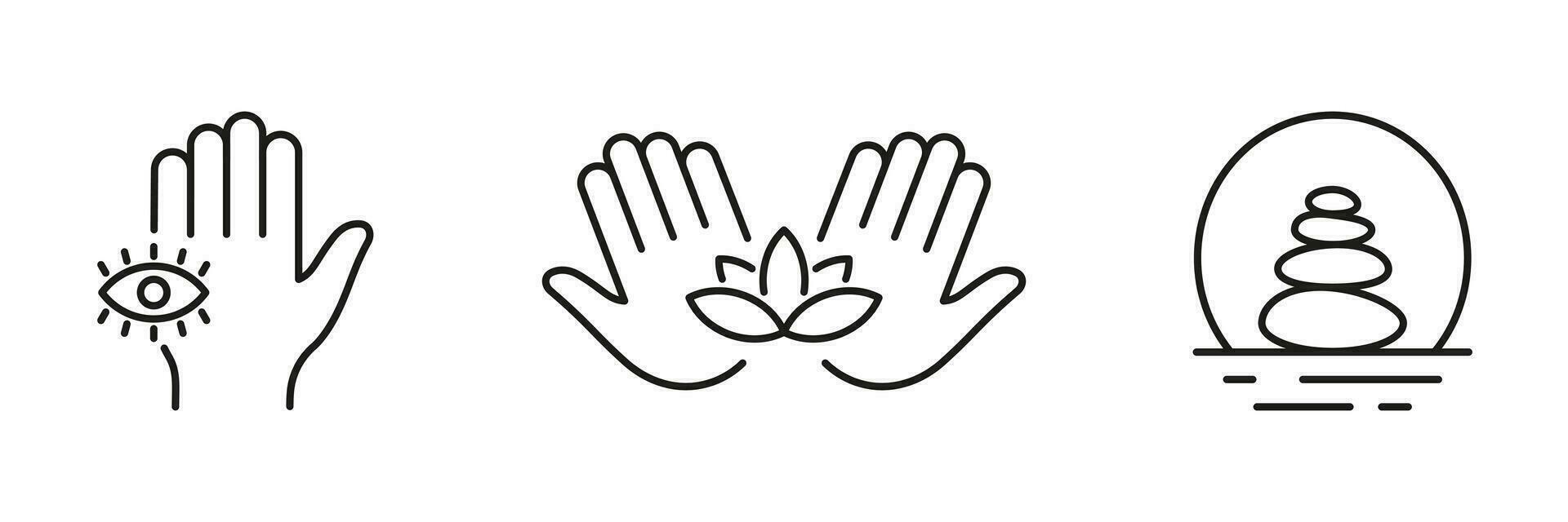 welzijn en welzijn lijn icoon set. schoonheid kliniek symbool. acupunctuur en massage lineair pictogram. steen evenwicht, hand- Holding lotus schets teken. bewerkbare hartinfarct. geïsoleerd vector illustratie.