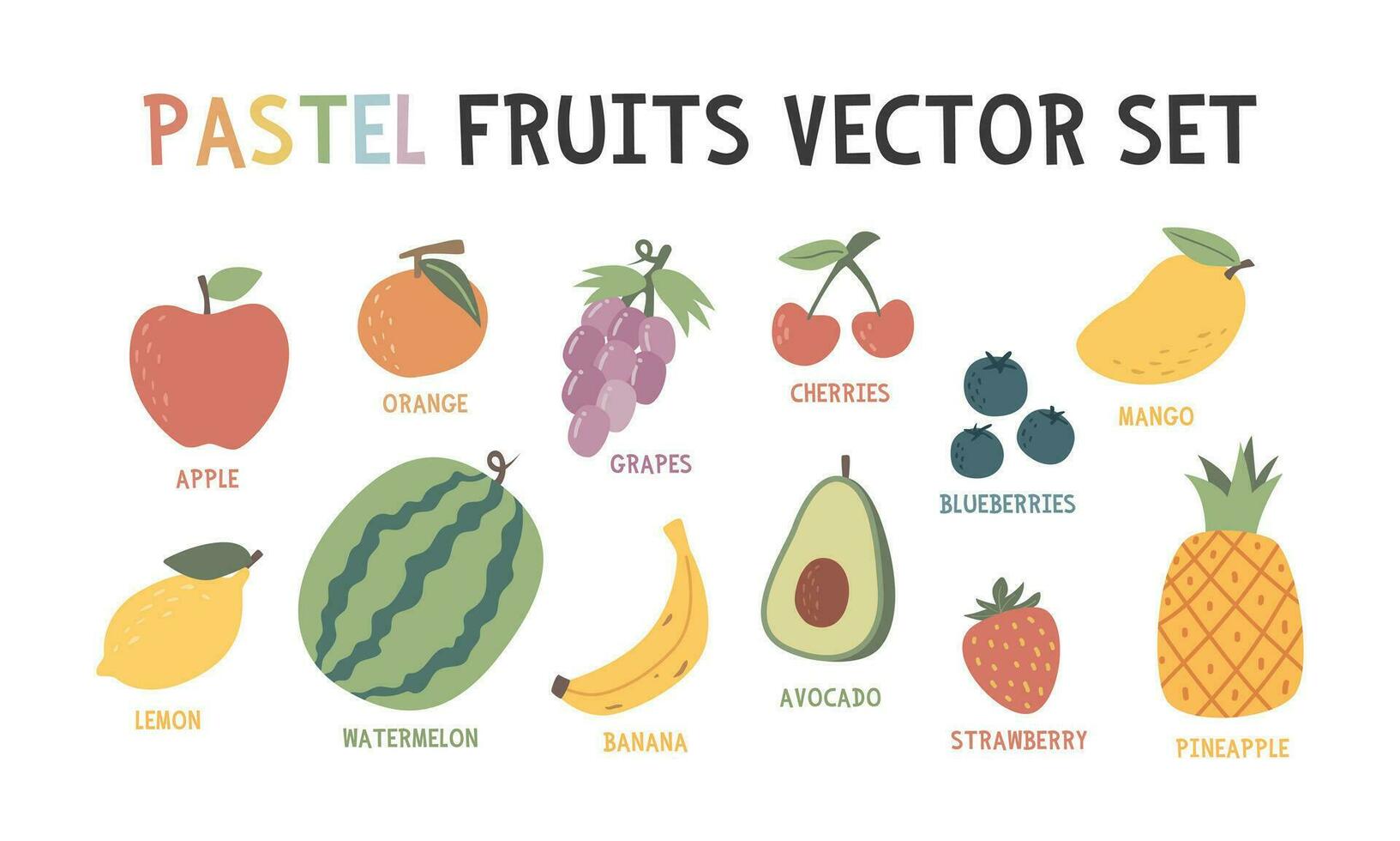 fruit vector set. schattig fruit vector illustratie. kleurrijk pastel fruit clip art tekenfilm vlak stijl. appel, oranje, druiven, kersen, mango, bosbessen, citroen, watermeloen, banaan, ananas avocado