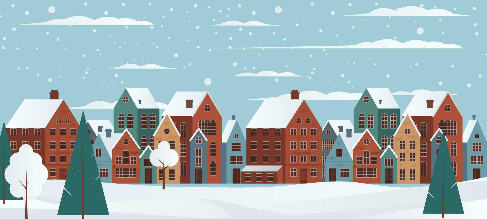 knus charmant winter panorama van een klein stad- met huizen, bomen, en sneeuw. vector illustratie voor Kerstmis kaarten en hartelijk groeten. winter magie met haar besneeuwd landschap. niet ai gegenereerd.