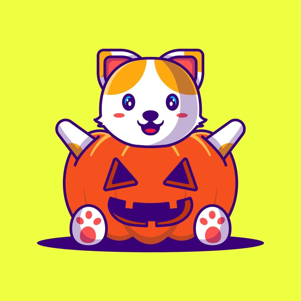 schattige kat met pompoen kostuum cartoon afbeelding. halloween platte cartoon stijl concept vector