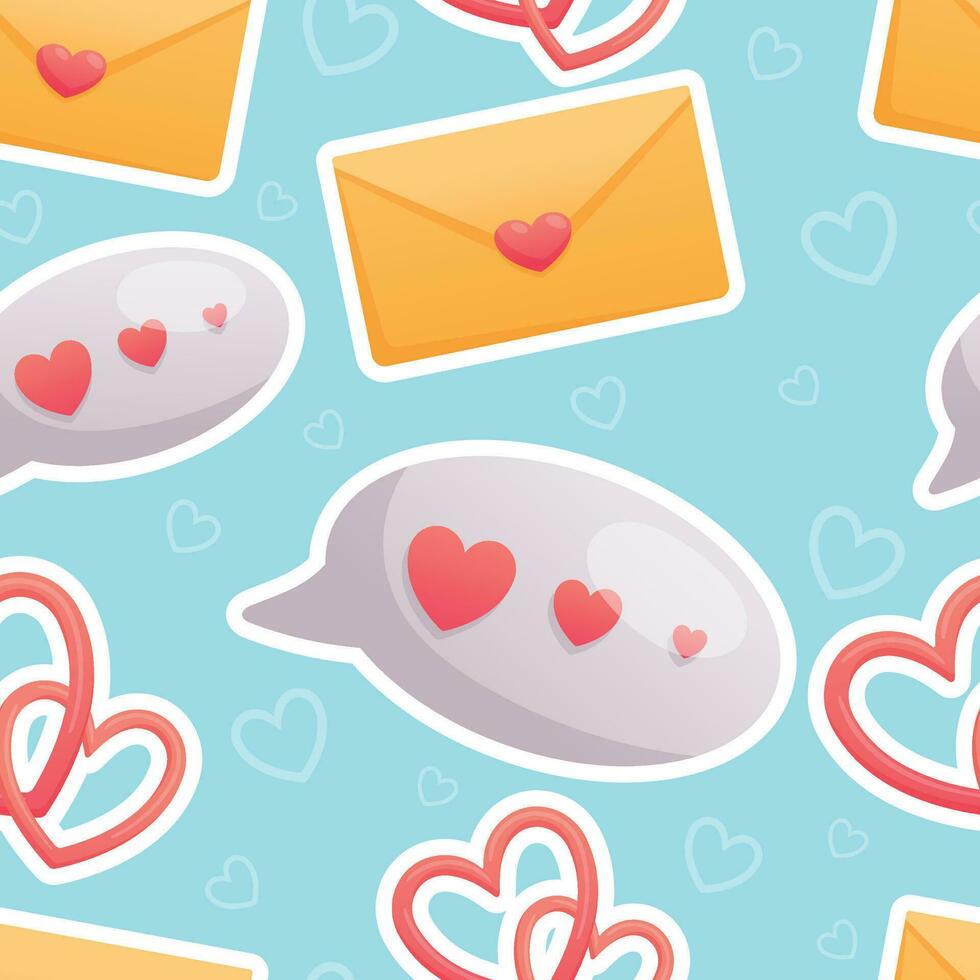 valentijnsdag dag schattig stickers. bubbel toespraak en envelop met harten, liefde vakantie bericht kaart. vector naadloos tekenfilm patroon.