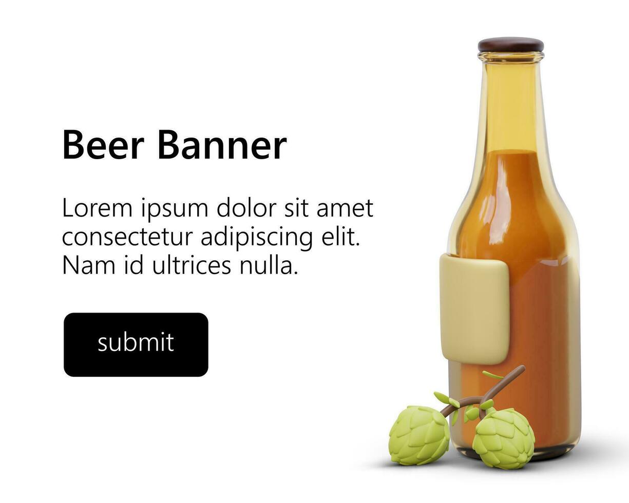 bier banier met 3d elementen en bewerkbare tekst. helder sjabloon voor reclame gebotteld bier vector