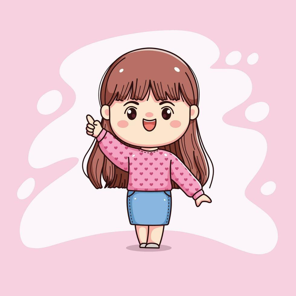 schattig meisje lang haar- met roze trui richten vinger chibi kawaii vector