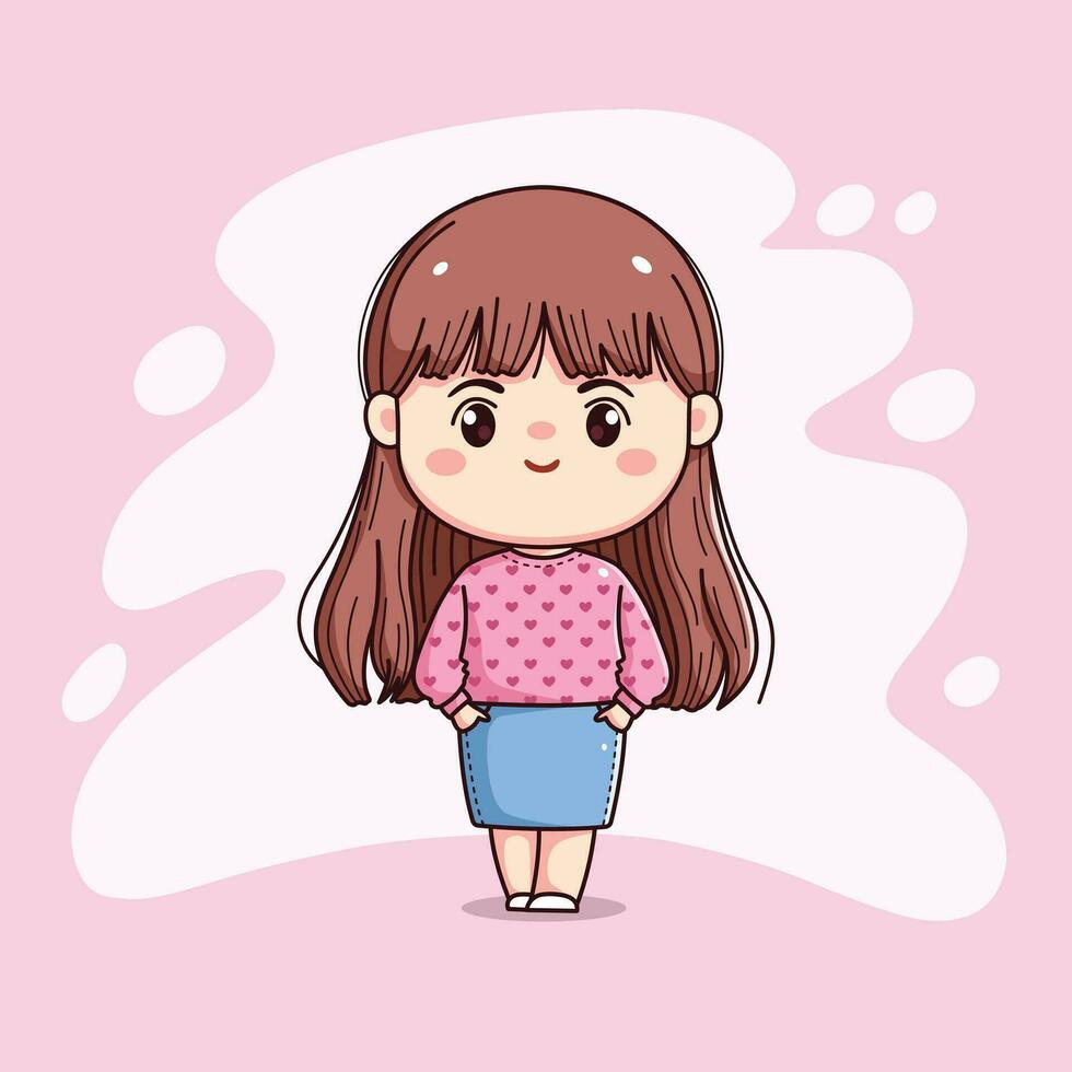 schattig meisje lang haar- met roze trui staand chibi kawaii vector