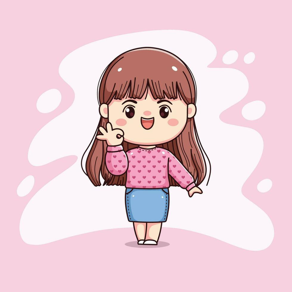 schattig meisje lang haar- met roze trui OK teken chibi kawaii vector