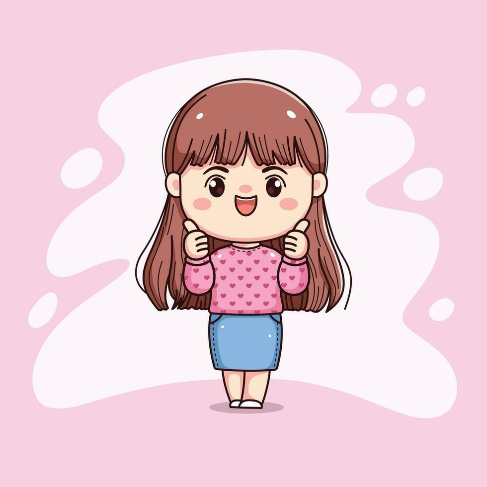 schattig meisje lang haar- met roze trui duim omhoog mooi zo teken chibi kawaii vector