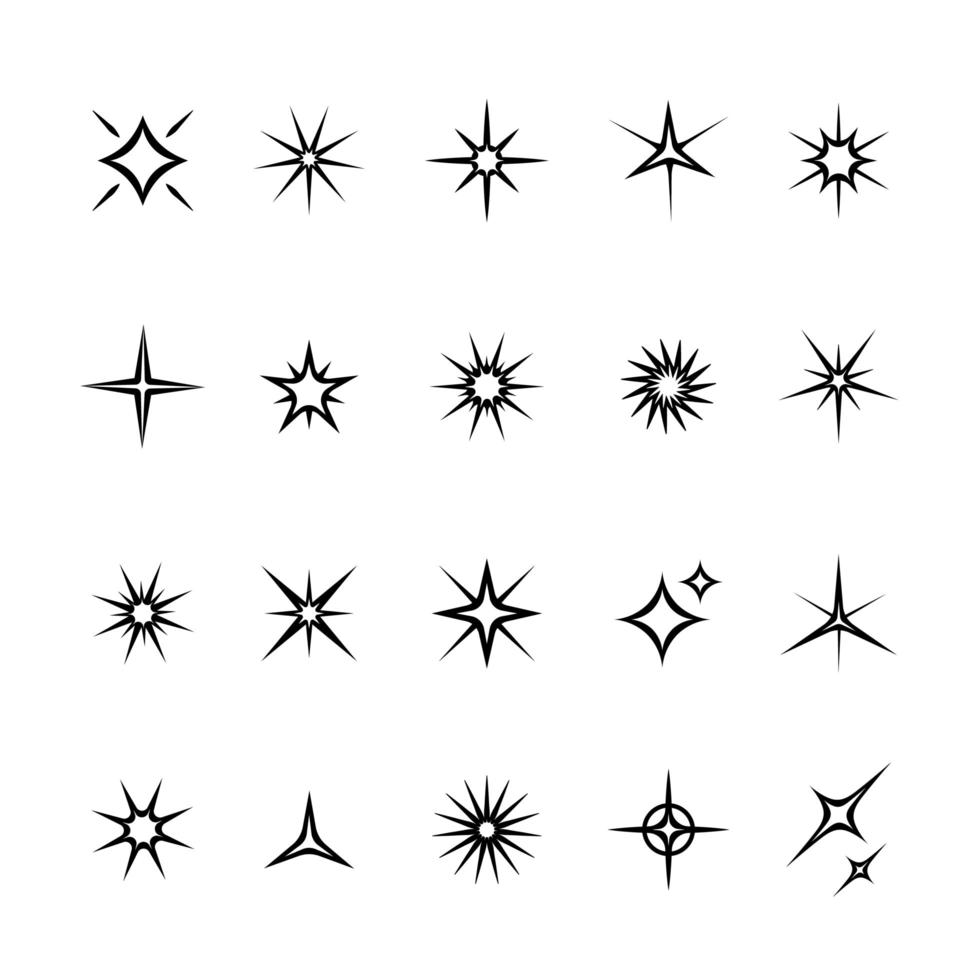 set van ster, sparkle pictogrammen. verzameling van helder vuurwerk, twinkeling, glanzende flits. gloeiende lichteffect sterren en bursts. vector