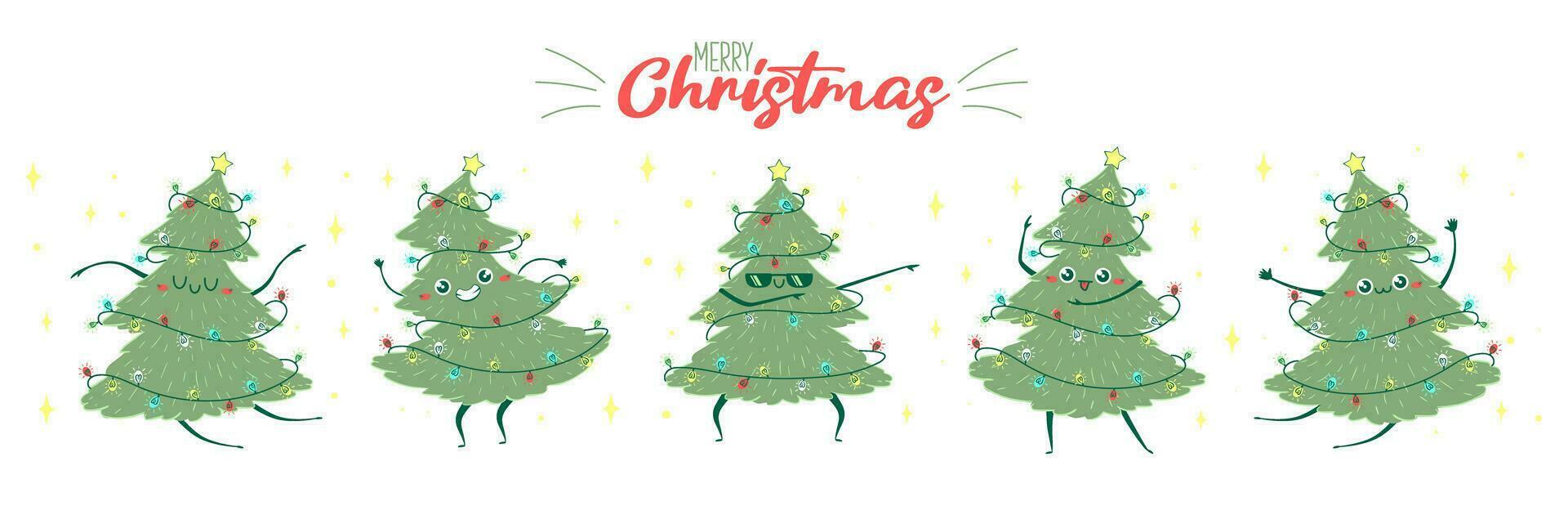 felicitatie- lang web banier met kawaii tekening Kerstmis boom dansen. kinderen handgemaakt naief stijl. gemakkelijk nieuw jaar karakter gelukkig net vector