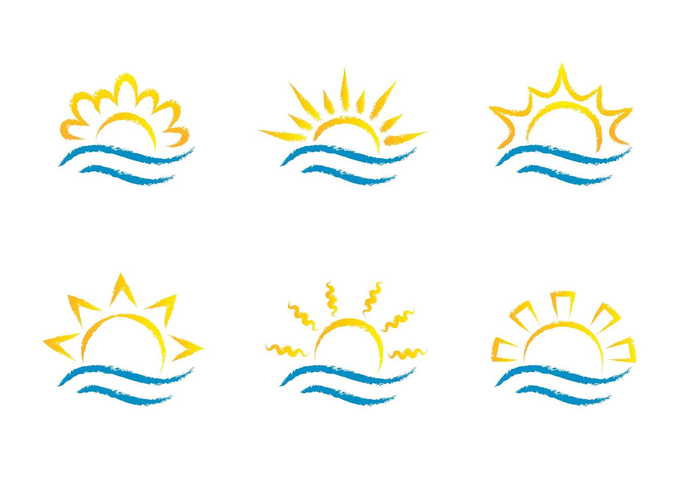 zonsopgang en zee cartoon logo temlaten collectie. water golven en zonnestraal pictogrammen instellen. vector