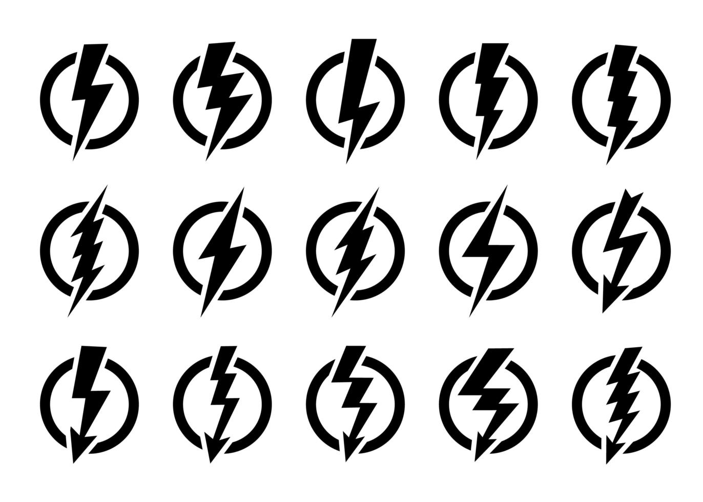bliksemschichten vector logo set. concept van energie en elektriciteit. flits in de cirkel. kracht en elektrische symbolen, hoge snelheid, snelheid en snel embleem.