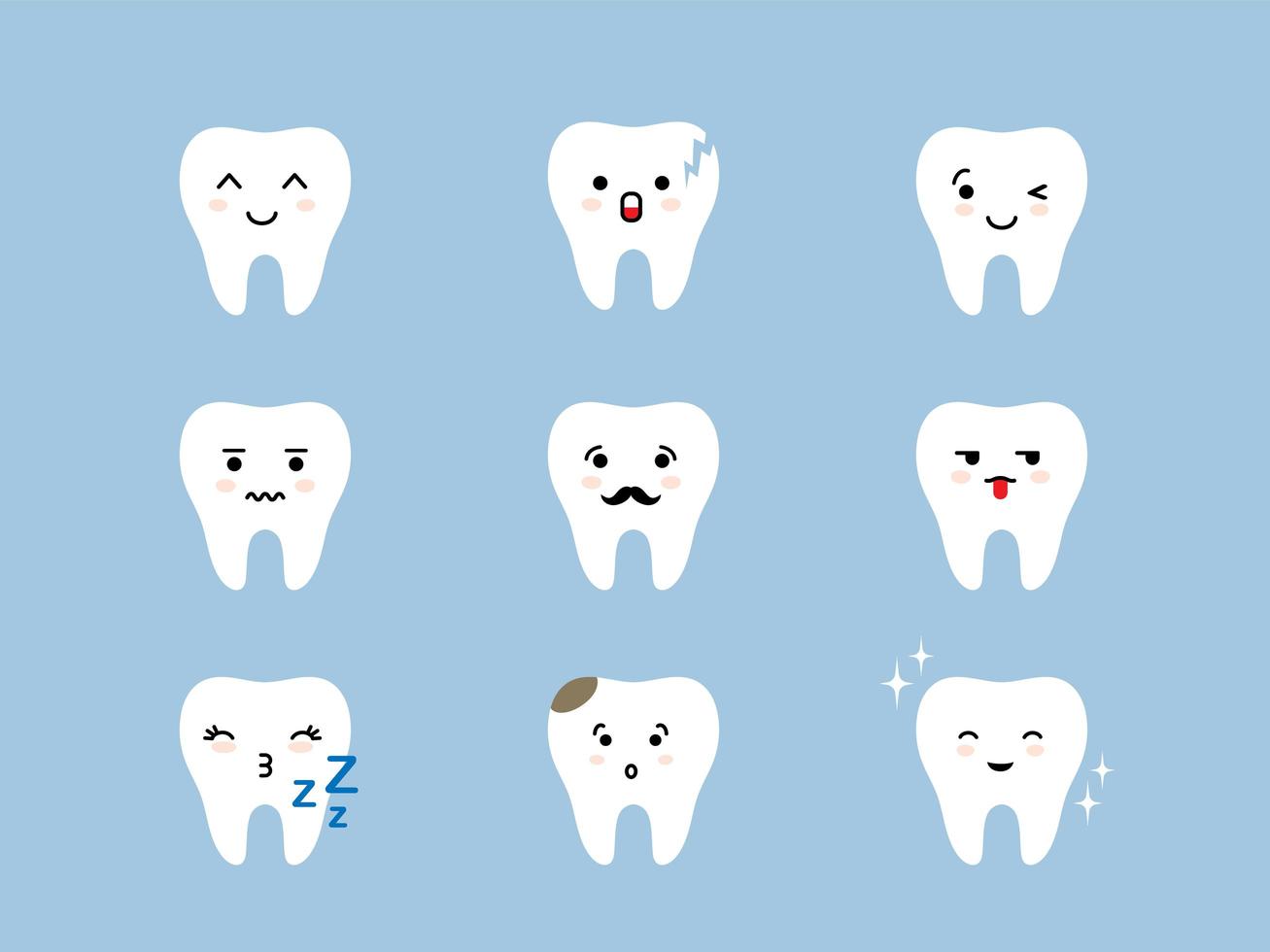 tanden emoji pictogramserie. gebarsten, gebroken, gezonde witte schattige tand stripfiguren met verschillende gezichtsuitdrukkingen. mondhygiëne emoticons. vector