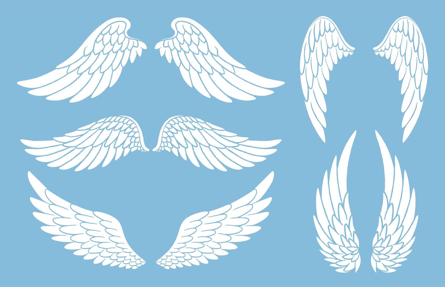 set handgetekende vogel- of engelvleugels van verschillende vorm in open positie. doodle vleugels witte silhouetten set. vector
