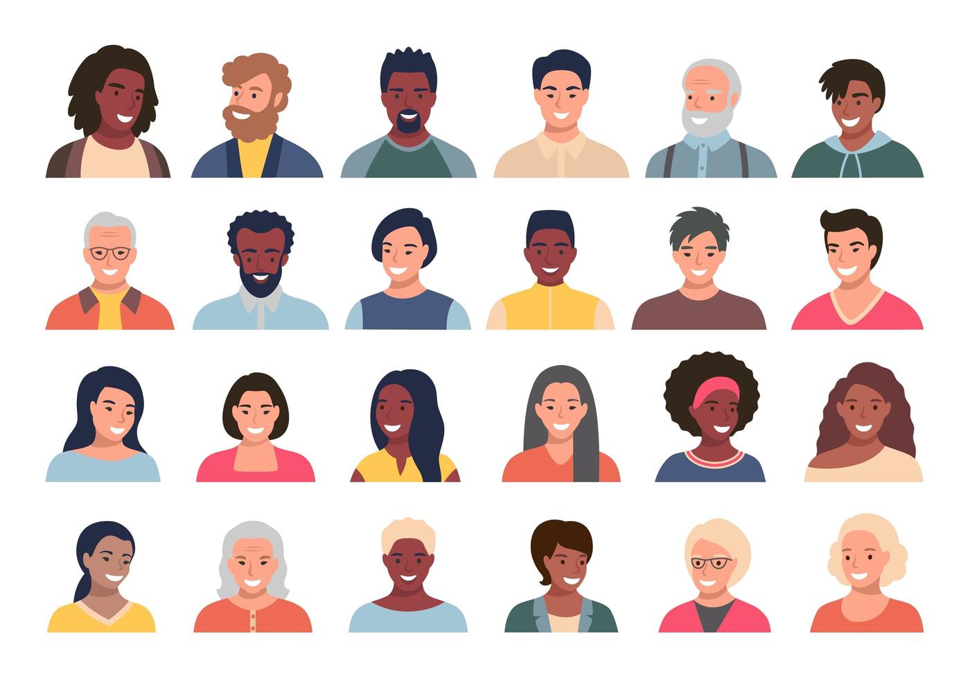 set van personen, avatars, mensenhoofden van verschillende etniciteit en leeftijd in vlakke stijl. multi nationaliteit sociale netwerken mensen gezichten collectie. vector
