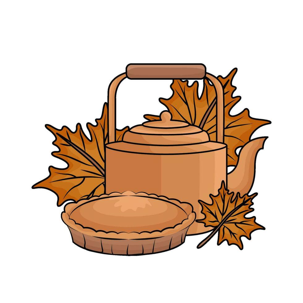 theepot drinken met taart herfst illustratie vector