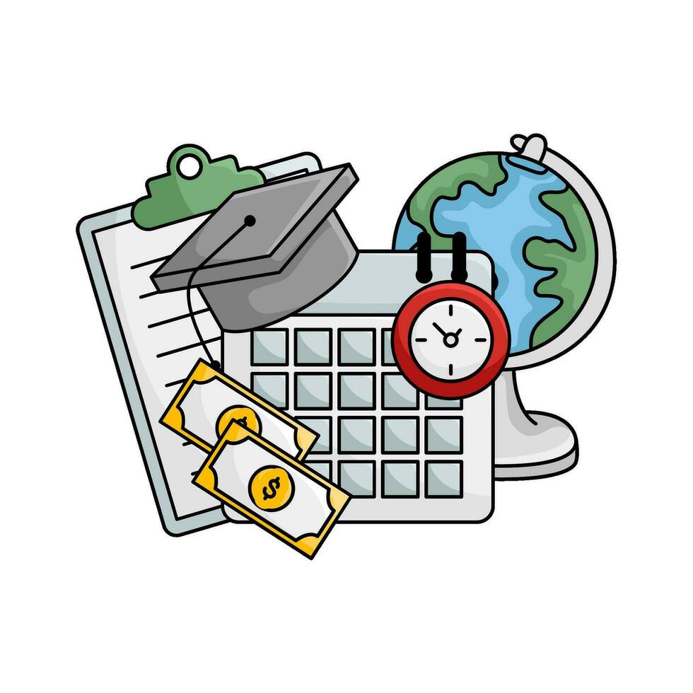 toga hoed diploma uitreiking in kalender, geld, klok tijd, document met wereldbol illustratie vector