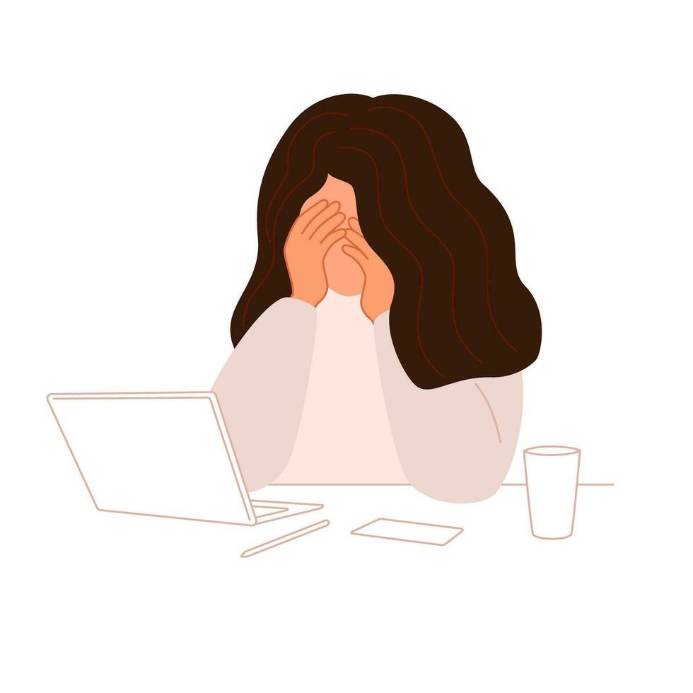 verdrietig angstig meisje met laptop, lezing slecht nieuws, bericht in internetten. negatief emotie. vlak vector illustratie geïsoleerd Aan wit achtergrond.