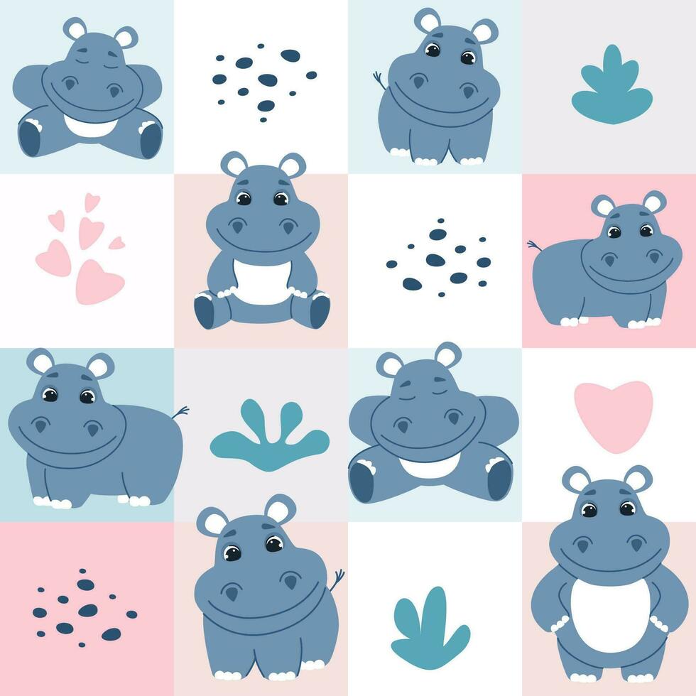 naadloos patroon met schattig nijlpaarden. patroon voor kinderen producten. vector illustratie geïsoleerd Aan plein achtergrond.