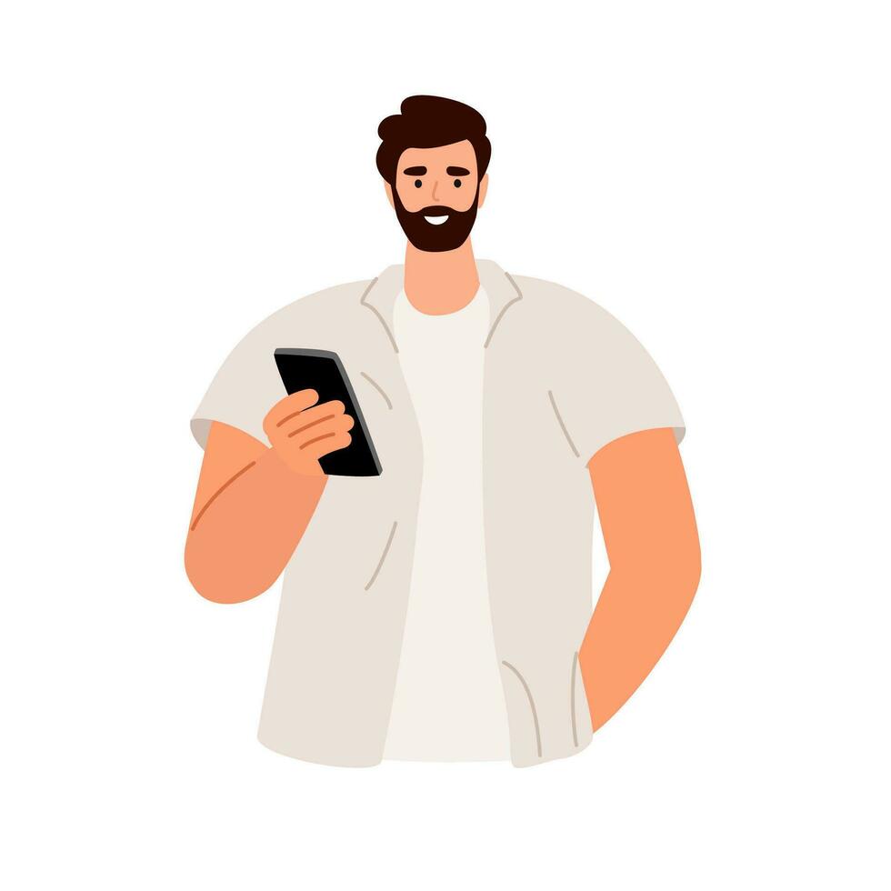 Mens is Holding een telefoon in zijn hand. telefoongesprek, bericht, bedrijf, liefde. vector illustratie.