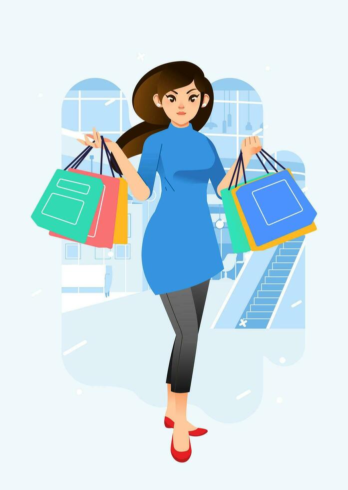 jong geluk blij shopaholic elegant modieus vrouw Bij kleinhandel winkelcentrum op te slaan draag- boodschappen doen Tassen vector