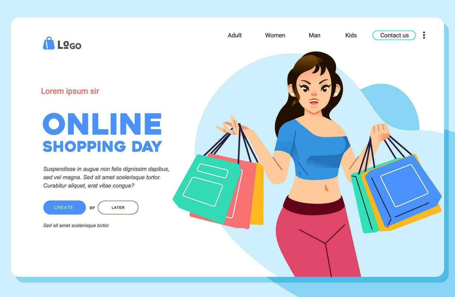 online winkel jong geluk vrouw draag- boodschappen doen Tassen landen bladzijde web sjabloon vector