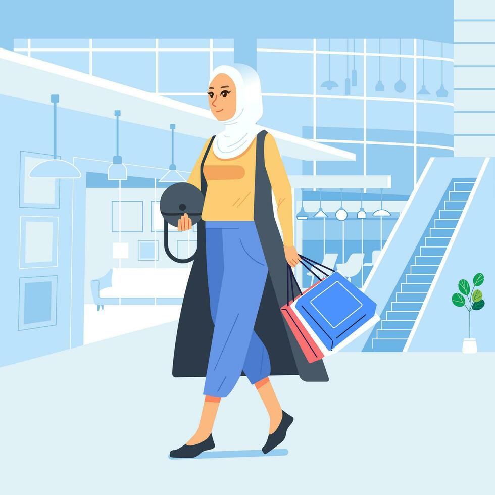 geluk blij shopaholic elegant modieus hijab moslim vrouw Bij kleinhandel winkelcentrum op te slaan draag- boodschappen doen Tassen vector