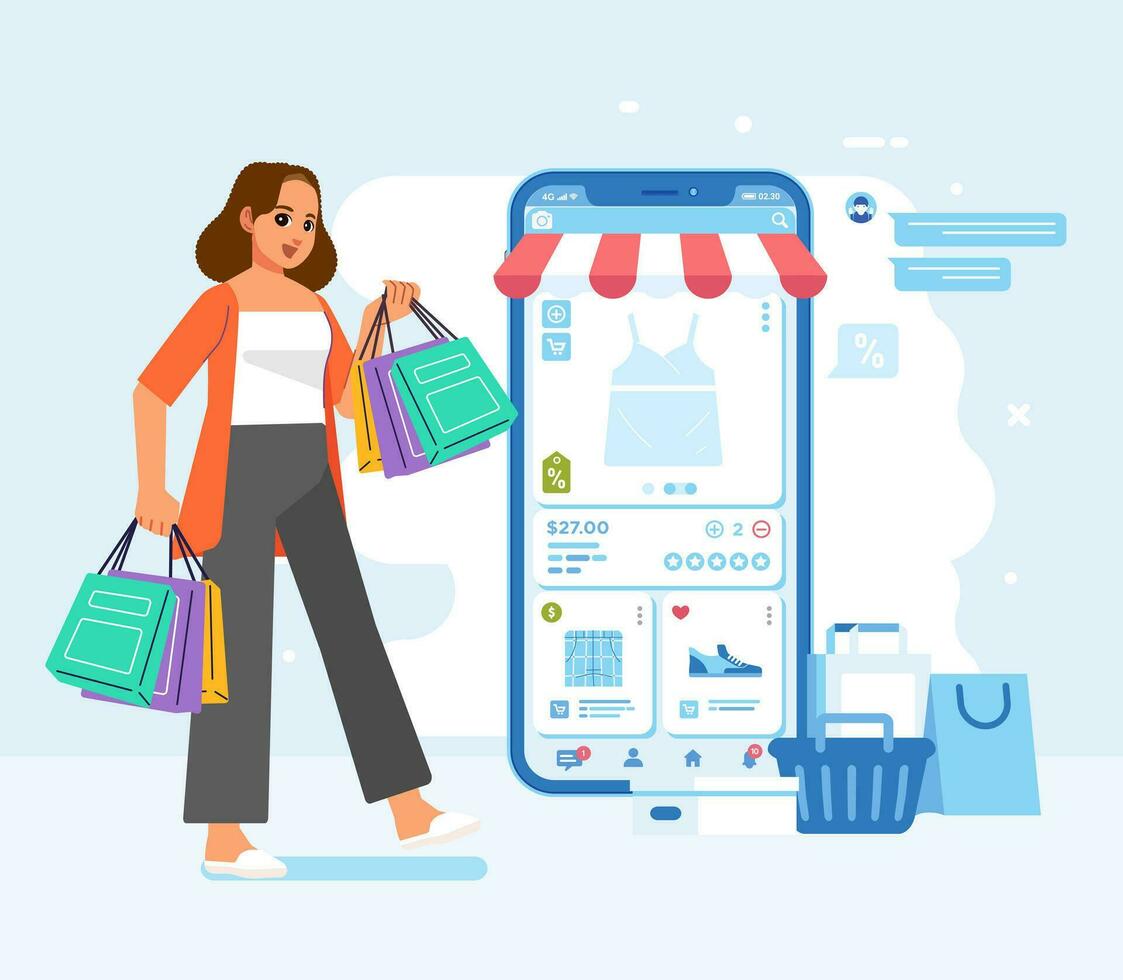 vrouw geluk blij elegant met boodschappen doen Tassen koopt pays online op te slaan mobiel app vector