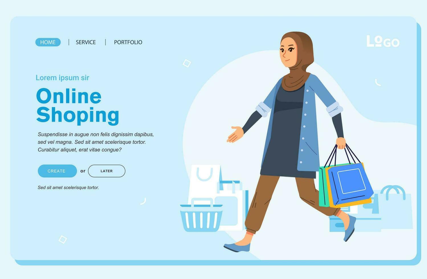 online winkel jong geluk moslim hijab vrouw draag- boodschappen doen Tassen landen bladzijde web sjabloon vector