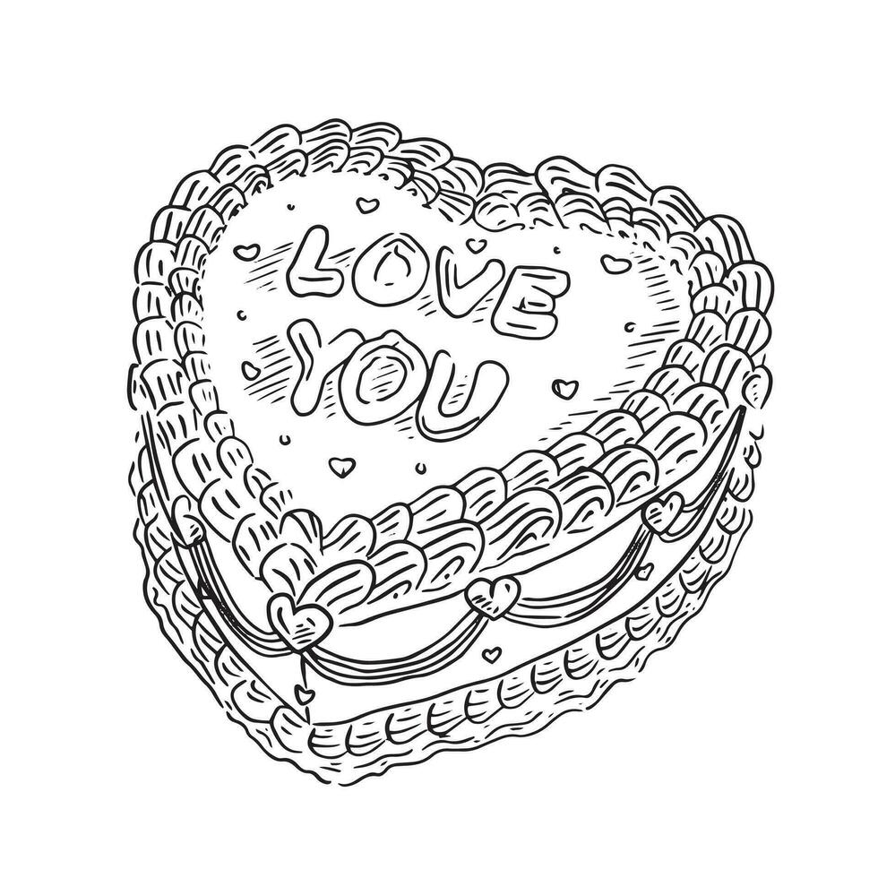 een hart vormig taart met de woorden 'Liefde Jij' Aan de voorkant, decoratief randen en mini harten vector