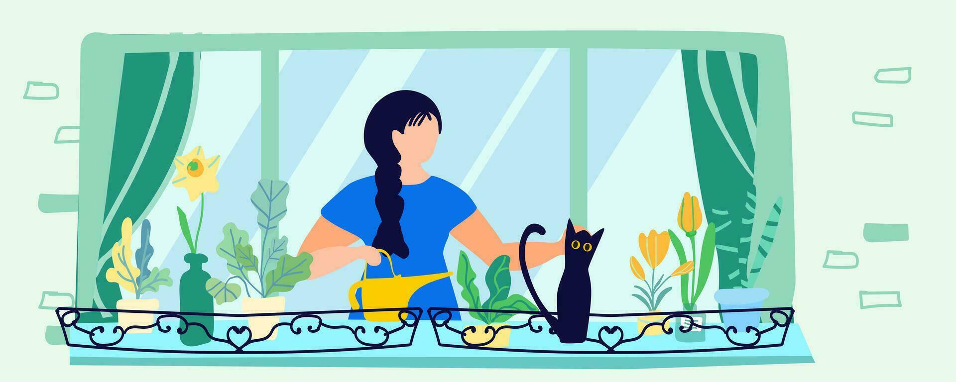harmonie en zelfzorg concept, meisje met bloemen en kat in de venster, vector illustratie