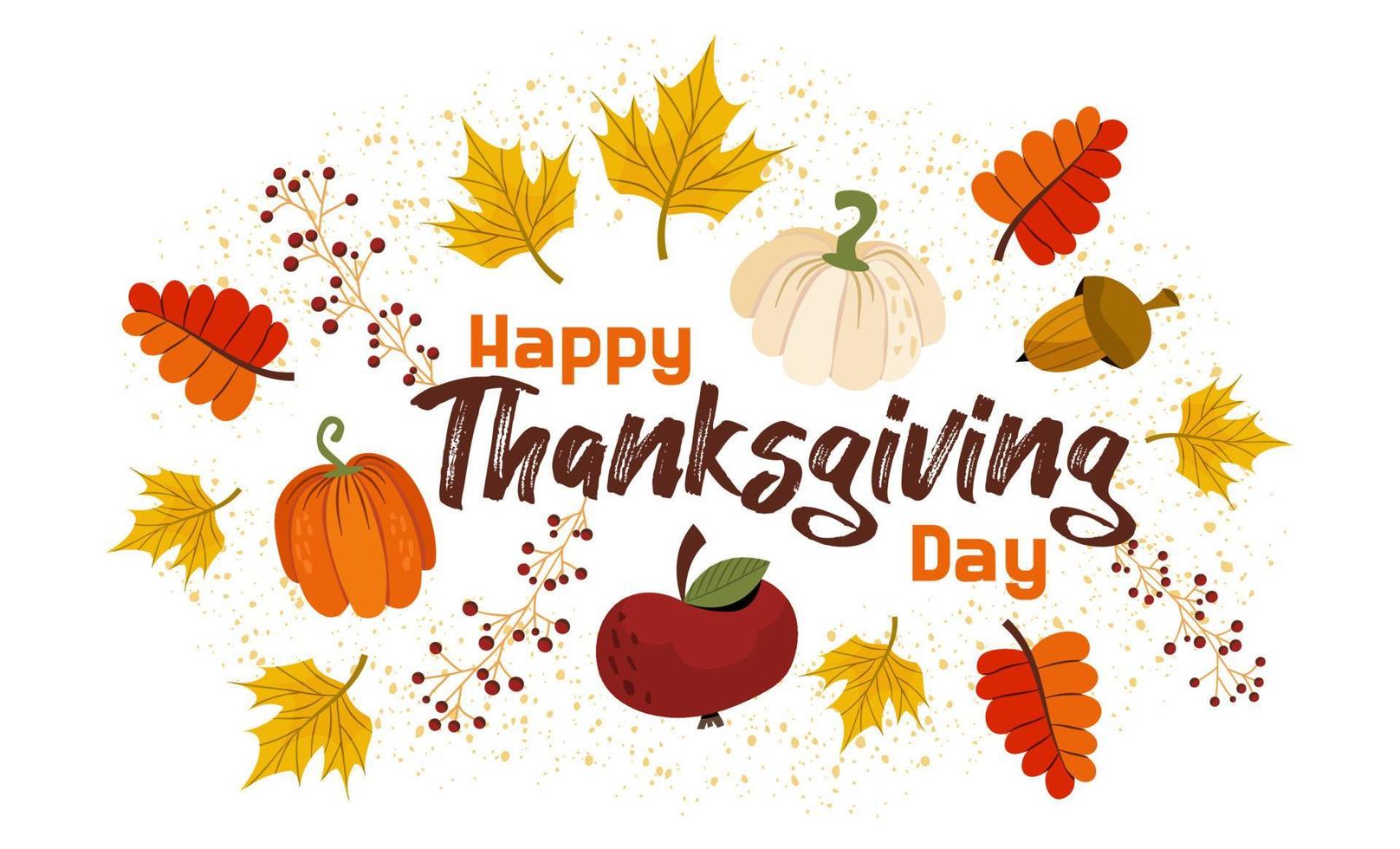 happy thanksgiving met herfstbladeren, pompoenen, een appel. versierd met esdoorn bladeren, eikel. vectorillustratie voor ansichtkaarten en uitnodigingen. herfstfestival van oogst en bladval. vector