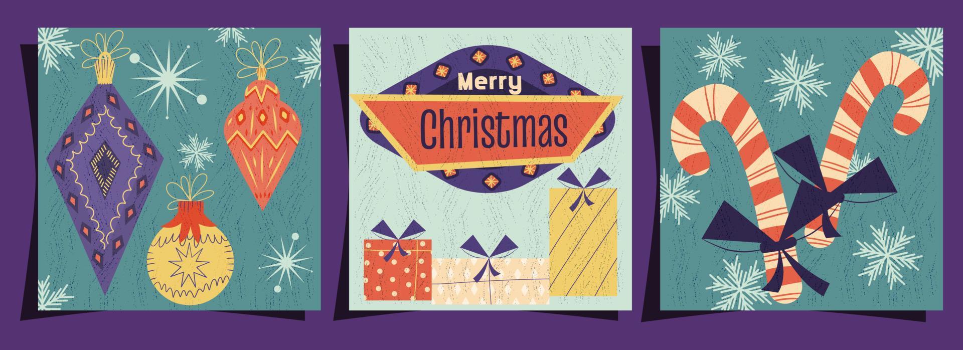 een set merry christmas covers in een retro vintage stijl. uithangbord, kerstspeelgoed en snoep op ansichtkaarten met textuur. vectorillustratie van midden van de eeuw moderne stijl ontwerp. vector