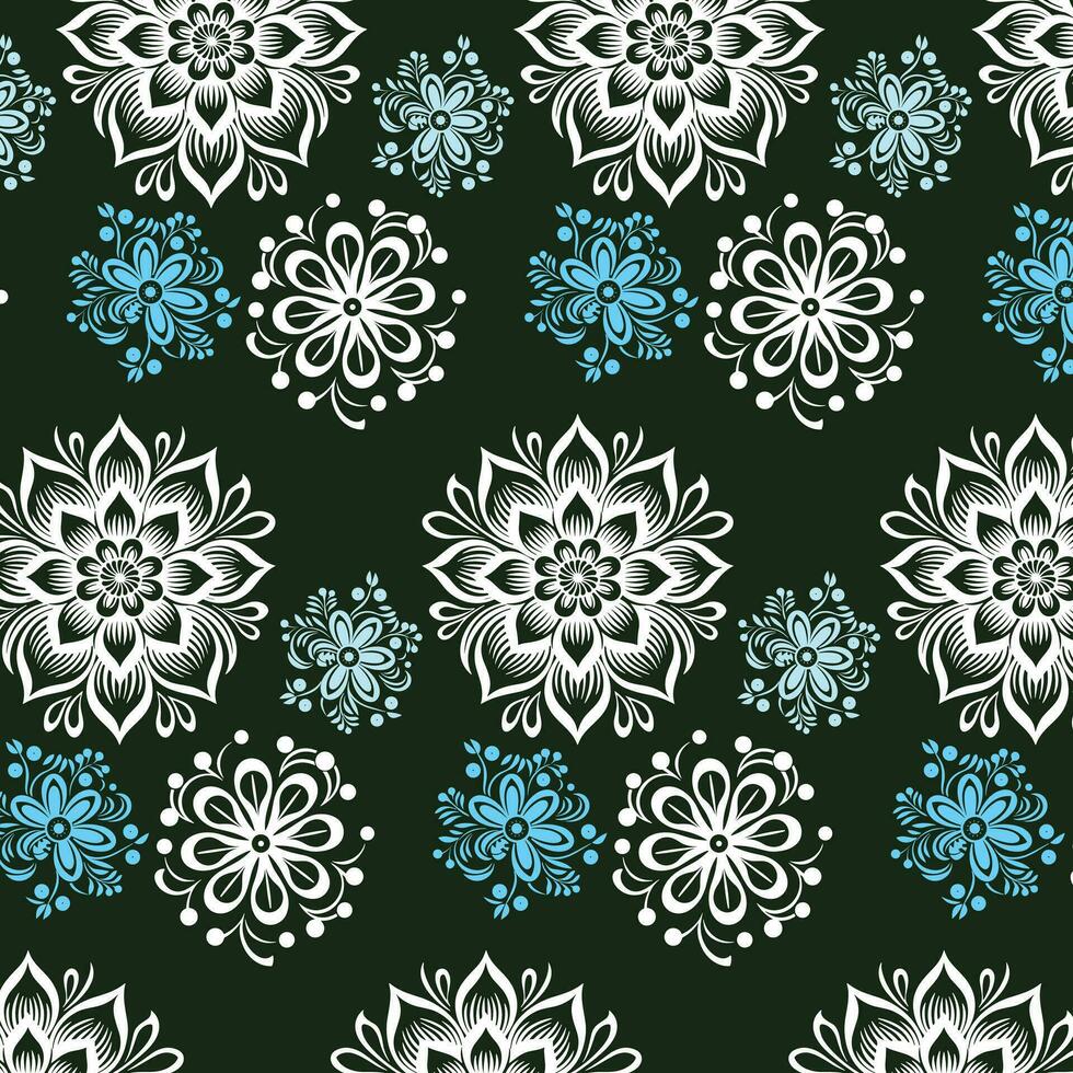 blauw en wit bloemen patroon Aan donker groen achtergrond vector