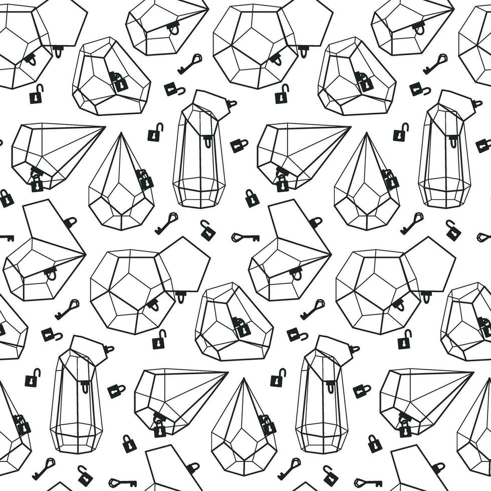 patroon van mooi binnen- en buitenshuis terraria met sloten en sleutels Aan een wit achtergrond. vector structuur van een glas florarium van divers meetkundig vormen. geïsoleerd containers met een zwart schets