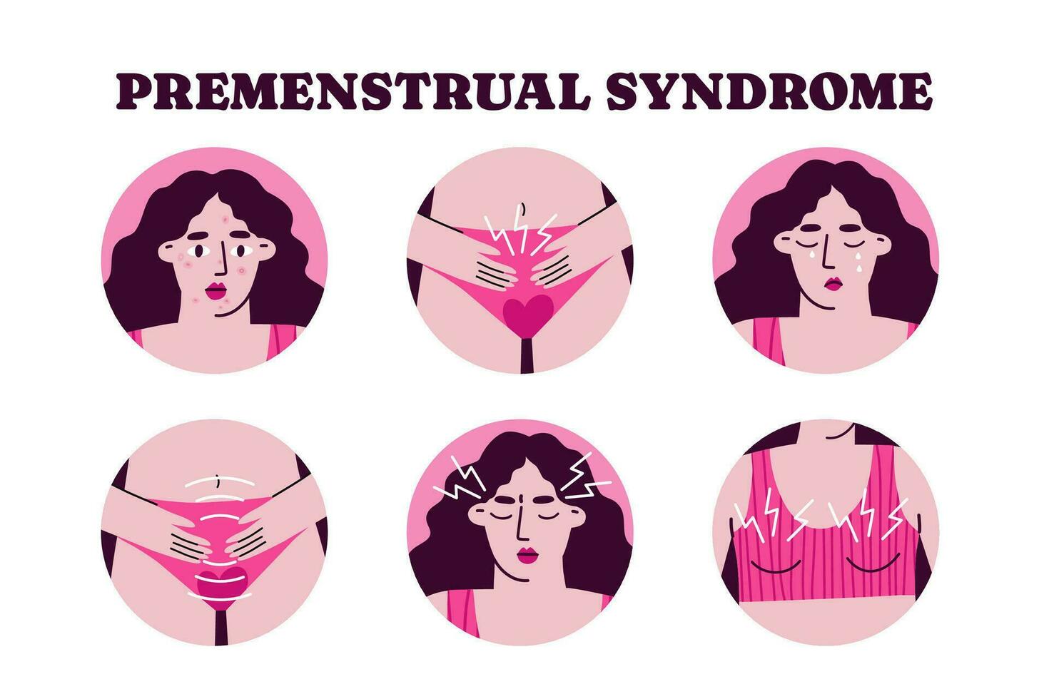 reeks van 6 pms symptomen. Schumann periode problemen of premenstrueel syndroom. vlak vector tekenfilm modern illustratie.