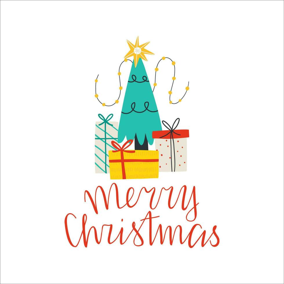 een Kerstmis boom met cadeaus en de opschrift vrolijk kerstmis. groet kaart. vector illustratie in vlak stijl.