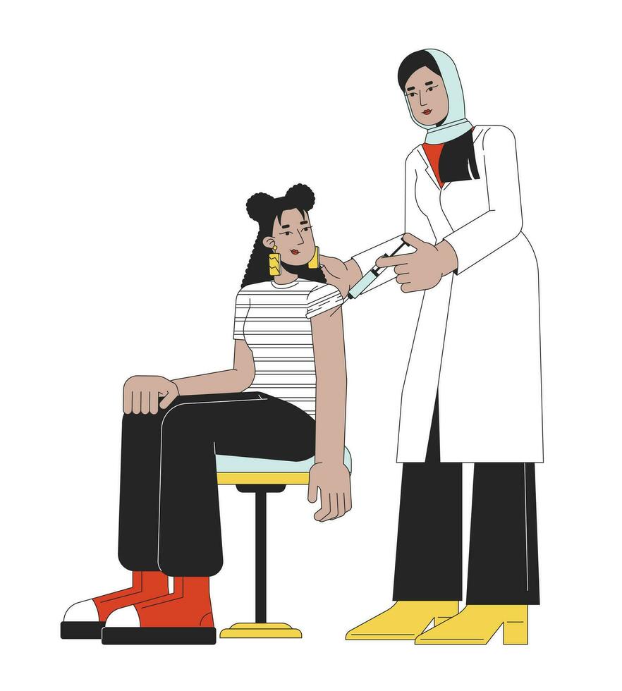 influenza vaccinatie lijn tekenfilm vlak illustratie. moslim hijab dokter geven griep schot latina meisje 2d lijn kunst tekens geïsoleerd Aan wit achtergrond. immuniteit immunisatie tafereel vector kleur beeld