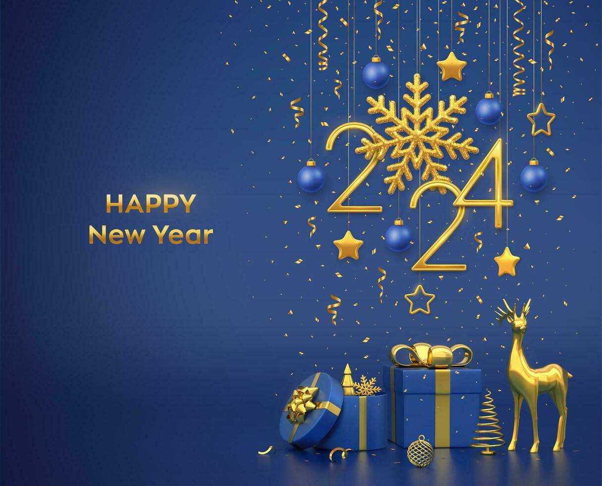 gelukkig nieuw 2024 jaar. hangende gouden metalen getallen 2024 met sneeuwvlok, sterren, ballen Aan blauw achtergrond. geschenk dozen, goud hert en metalen pijnboom of Spar, ijshoorntje vorm net bomen. vector illustratie.