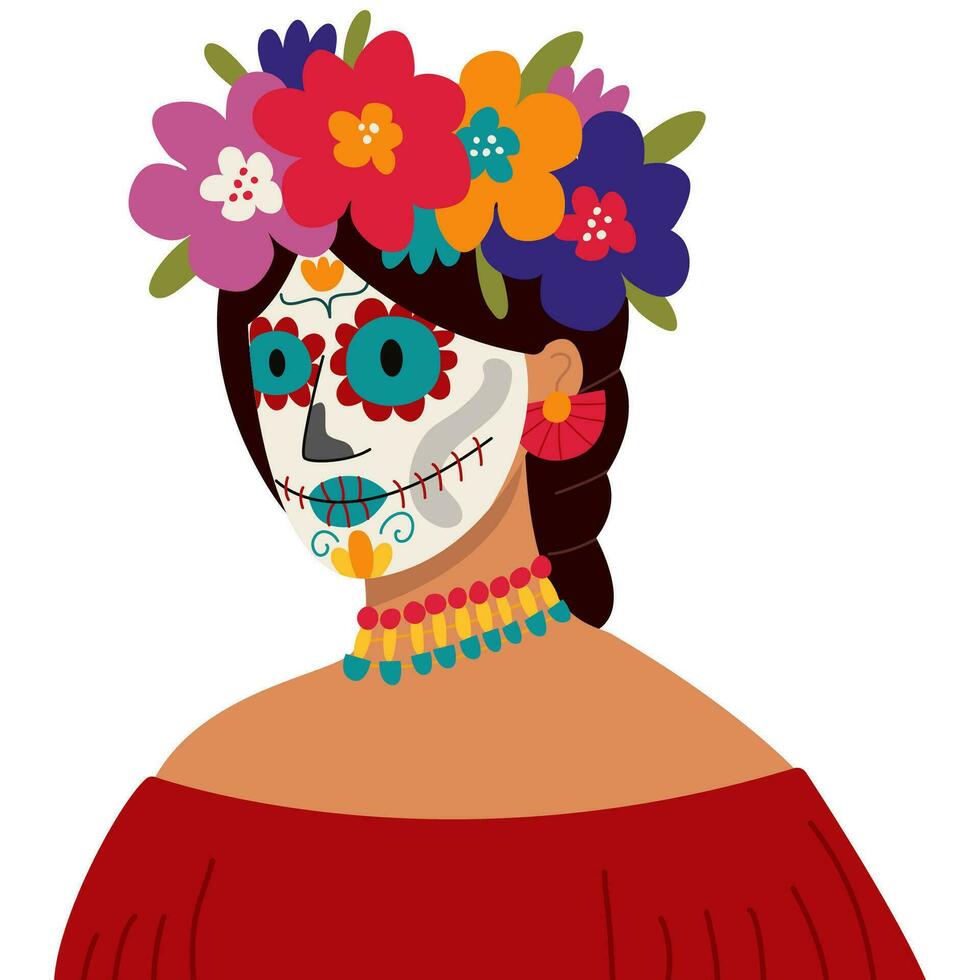 Mexicaans vrouw gezicht met suiker schedel en bloemen lauwerkrans. dag van de dood. dia de los muertos. vector