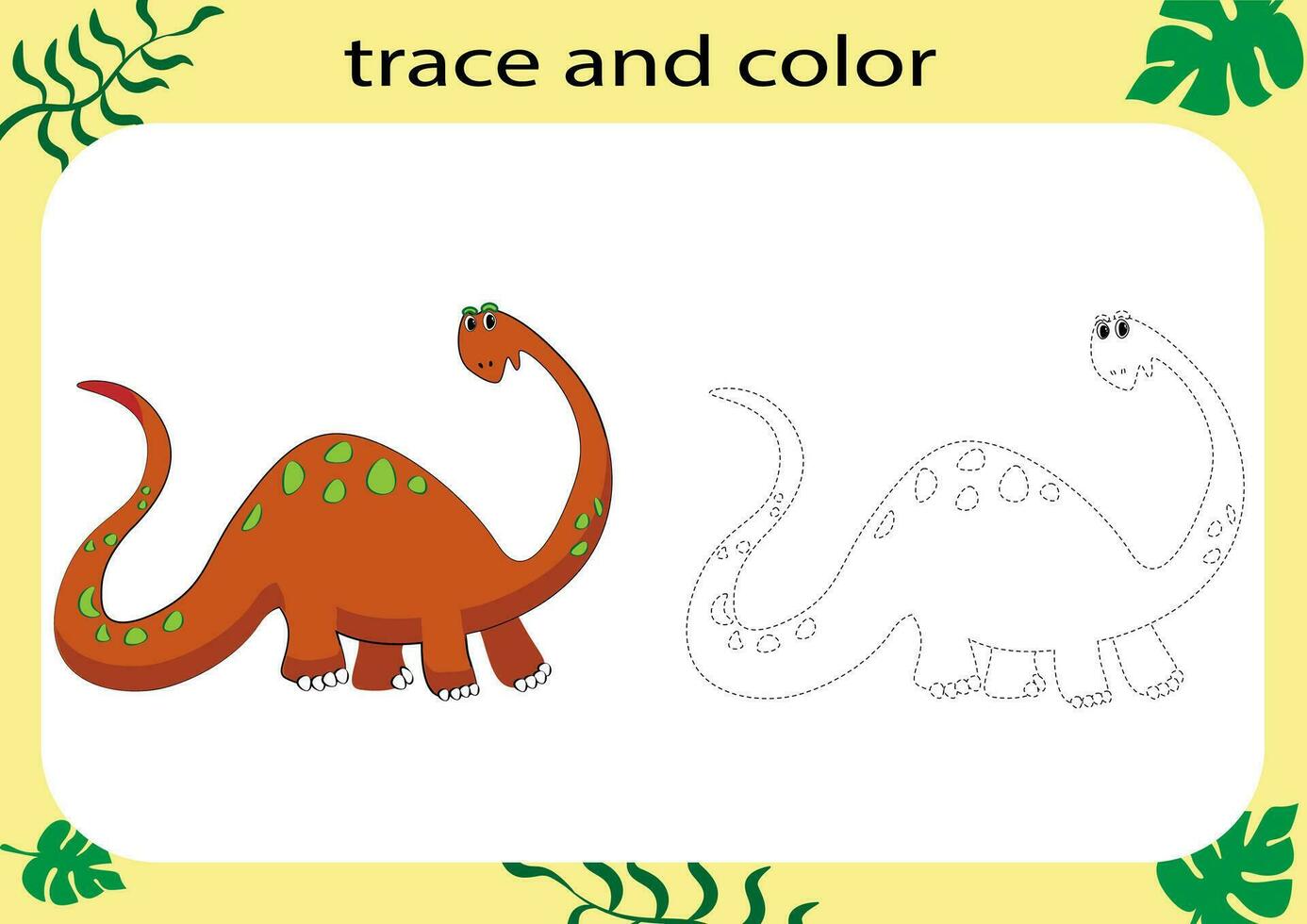 spoor en kleur de tekenfilm dinosaurus. handschrift praktijk voor kinderen. leerzaam werkblad voor kinderen. afdrukbare werkblad. vector illustratie.